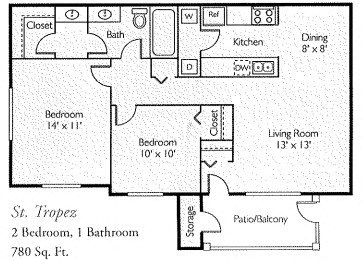Floor plan for 2 beds, 1 bath, 780 sqft